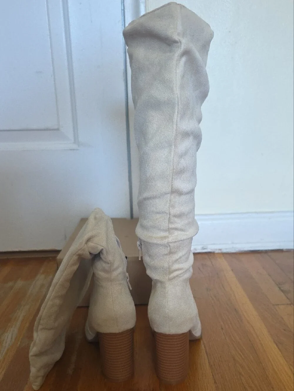 Women's Beige Over-the-Knee Slouch Boots with Block Heel